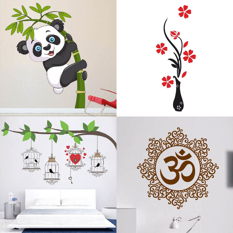 Trendy Set of 4 Wall Stickers Baby Panda Birdcase with Key Designer Om Flower Vase Red Self Adhesive VinylWaterproof Decals for Home