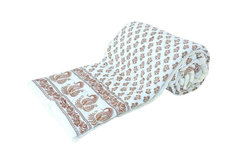 Namaste India Jaipuri Light Weight Pure Cotton Traditional Rajasthani Print White Colour Single Bed Quilt/Razai/Rajai-