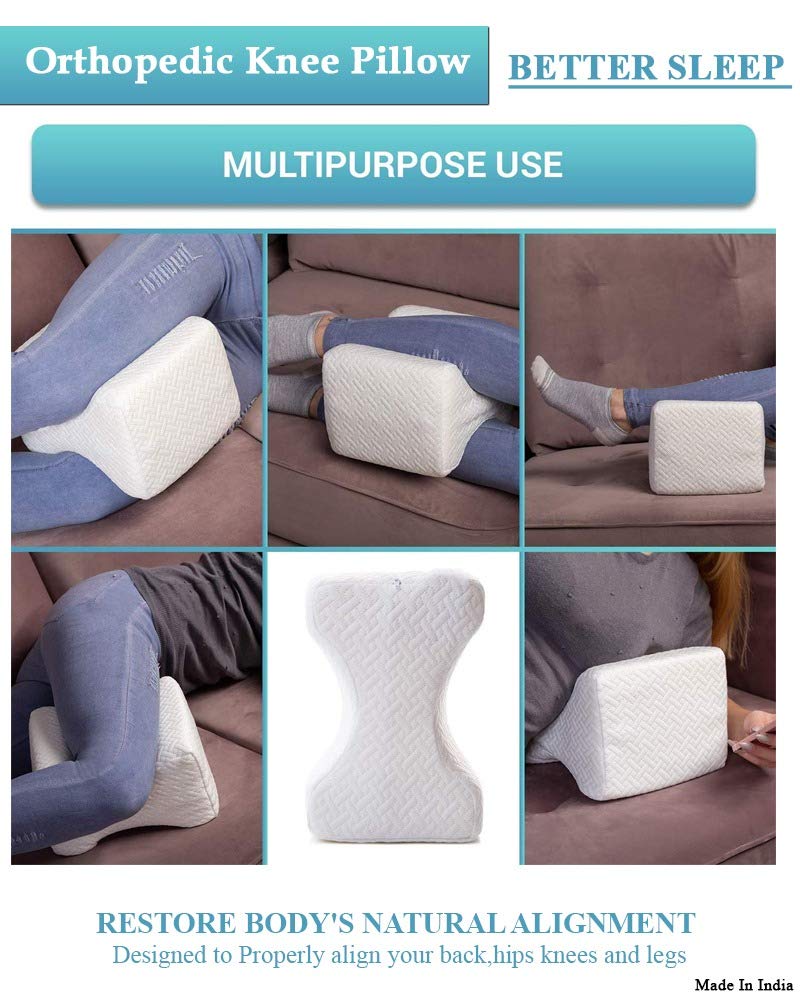 Orthopedic Memory Foam Knee Pain Pillow for Sciatica Relief,Back Pain,Leg Pain, Pregnancy,Hip and Joint Pain Knee Pain Pillow With Removable Leg Strap With pillow cover Jersey Cotton(9.5"L x 8"W x4"H)