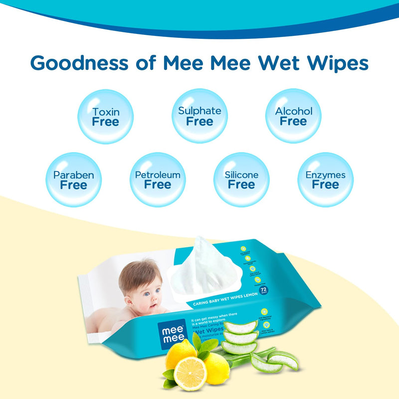 Mee Mee Baby Gentle Wet Wipes Infused with Aloe vera & Lemon Extracts, Mild fragrance for Babies/Kids/Infants (Pack of 3, Count 72 Pieces)