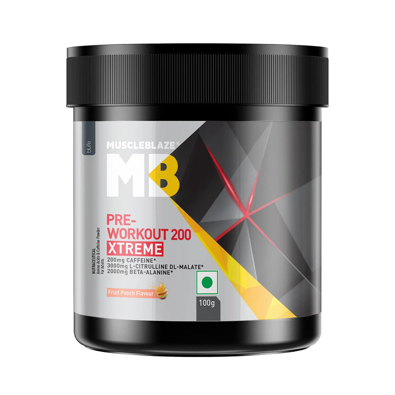 MuscleBlaze Pre Workout (Fruit Punch, Pack of 100 g powder, 15 Servings) 200 Xtreme, 200mg Caffeine, 200mg Theanine, 2000mg Beta Alanine, 3000mg Citrulline