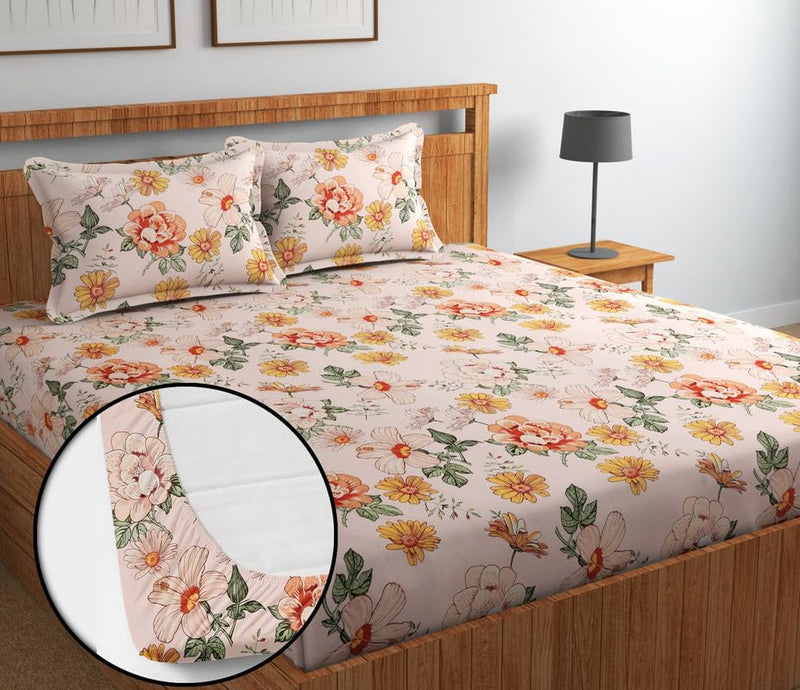 NEW BLATT'S Premium Cotton 210 TC Elastic Fitted Bedsheets with 2 Pillow Covers | Double/King Bed with All Around Elastic Wrinklefree Supersoft Breathable |Size-78 x72+10 inches | Floral Beige