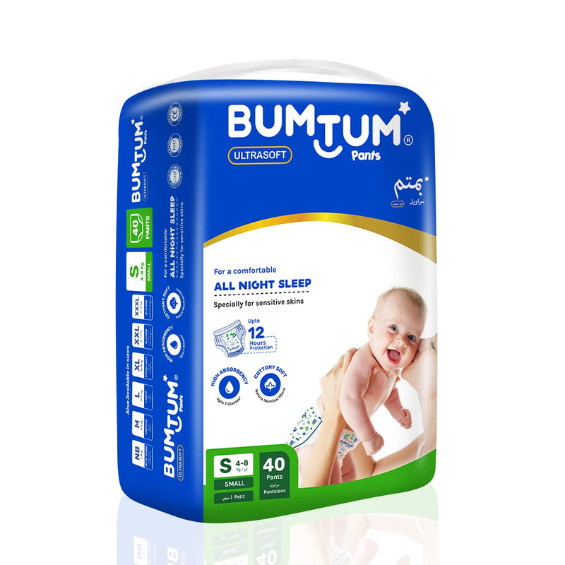 Bumtum Baby Diaper Pants, Small/S Size 40 Count, Double Layer Leakage Protection Infused With Aloe Vera, Cottony Soft High Absorb Technology