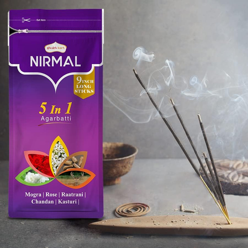 Shubhkart Nirmal 5 in 1 Agarbatti Zipper Pack 150grams for Puja & Meditation - 22.86cm Long Incense Sticks for Puja | Rose, Mogra, Chandan, Kasturi & Raatrani Fragrance | Charcoal Free (Pack of 2)