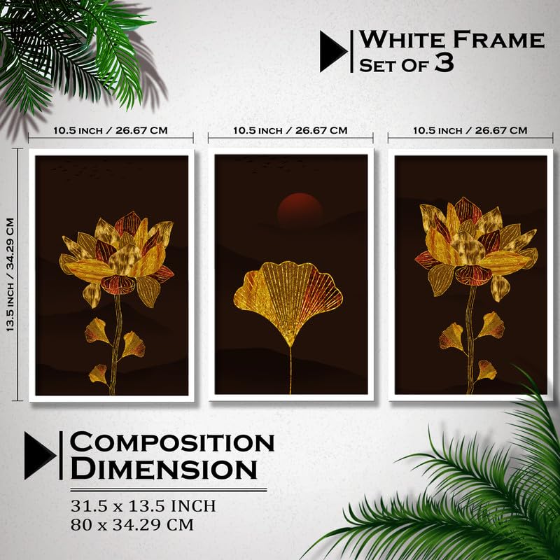 SAF paintings Set of 3 flower Boho modern art design Premium white Framed Bohemian wall painting for for Wall, Home and Living Room Decoration 80 cms x 34.29 cms COMBO-2046-K3