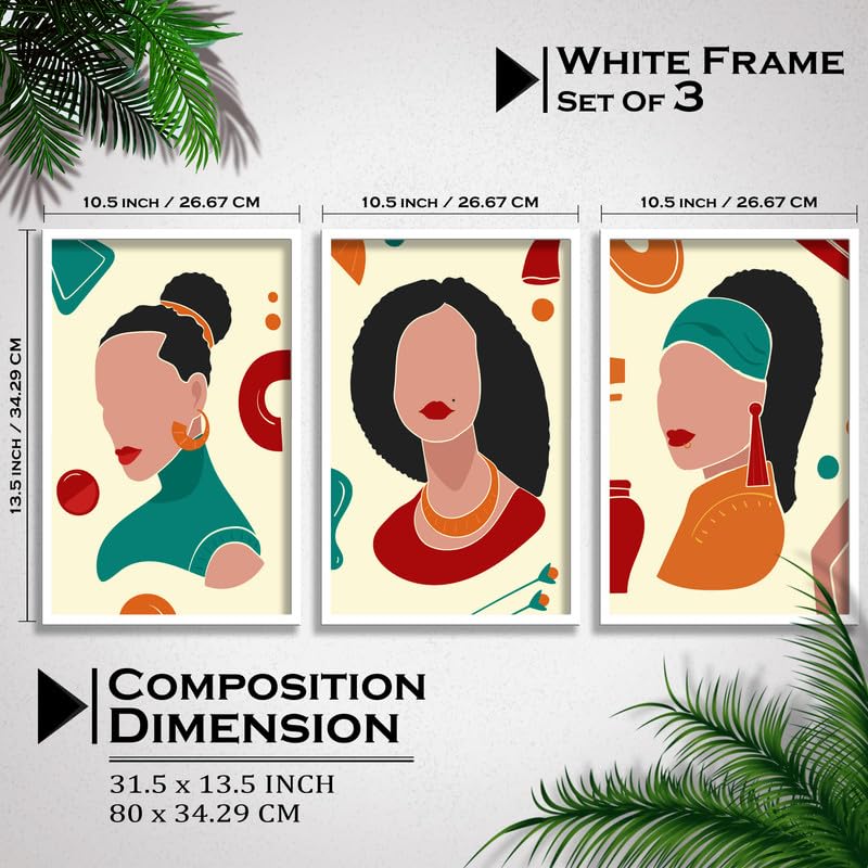 SAF paintings Set of 3 Abstract ladies Boho modern art design Premium white Framed Bohemian wall painting for for Wall, Home and Living Room Decoration 80 cms x 34.29 cms COMBO-2084-K3