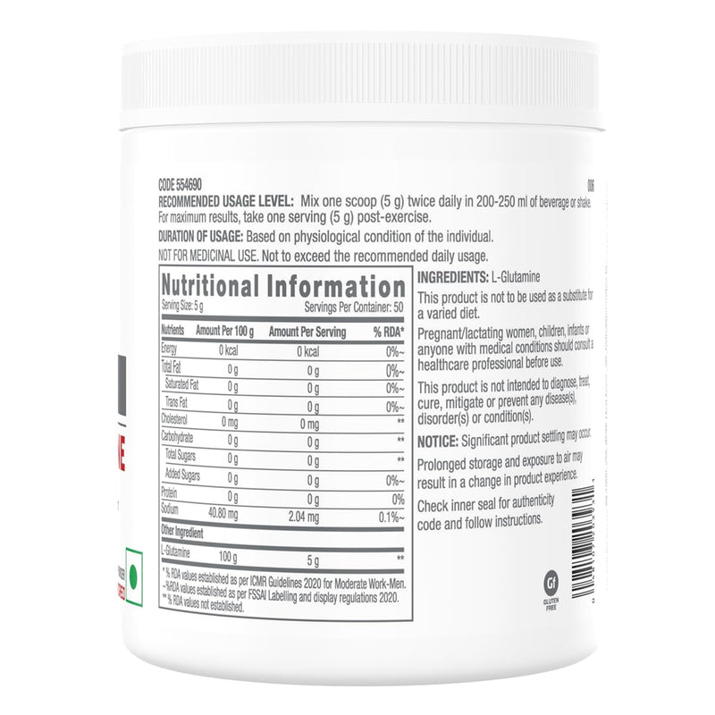 GNC Pro Performance L-Glutamine 5000 mg | 250 gm | 50 Servings | Key Amino Acid For Faster Recovery | Boosts Immunity | Supports Intestinal Function | Lactose Free | Zero Gluten | Unflavoured