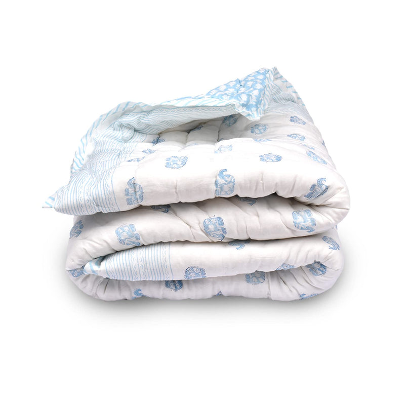 Mom's Home Organic Cotton Baby Quilt - Elephant Print- Blue- 0-5 Years - 100 * 150 * 2 Cms