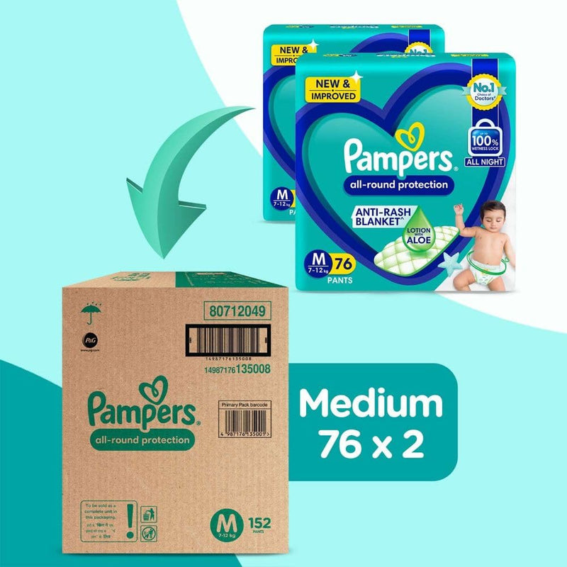 Pampers All round Protection Pants Style Baby Diapers, Medium (M) Size, 152 Count, Anti Rash Blanket, Lotion with Aloe Vera, 7-12kg Diapers