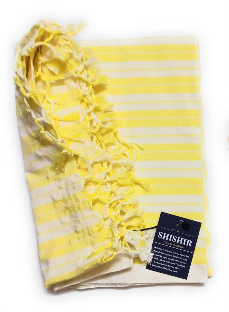 SHISHIR Handloom Bhagalpuri Pure Cotton Chadar Yellow White Striped Single Size Summer Rainy Season Thin Layer Blanket/Topsheet/Odhne Wali Chadaar