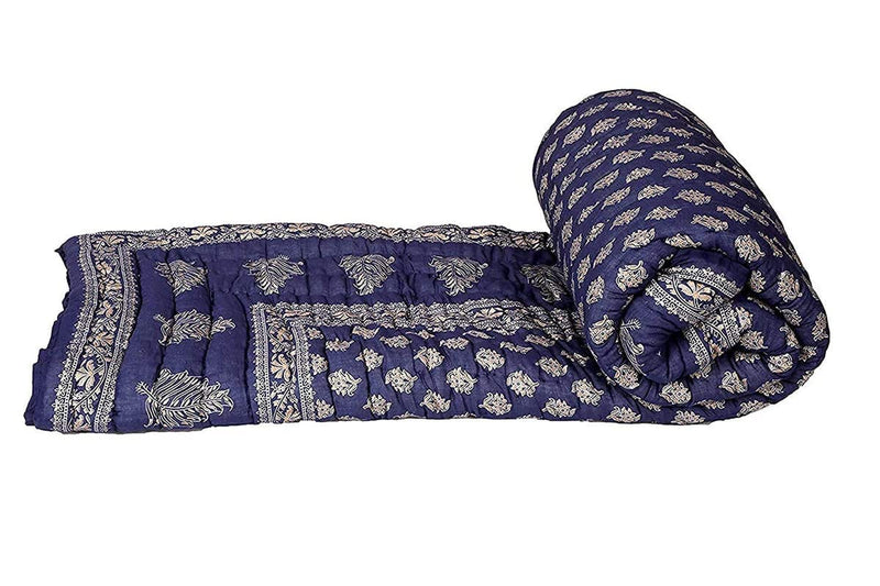 RCGCRAFT 100% Pure Cotton Jaipuri Rajai/Handprinted Rajai Traditional Single Bed Quilt for All Season (Size - 55 X 85 inch, Blue dai)