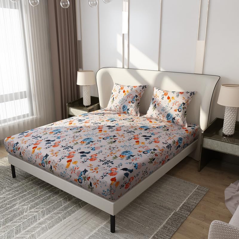 Lithara Soft Feel Breathable Fabric Floral Printed Bedsheet for Double Bed with 2 Pillow Cover (Print - P28)