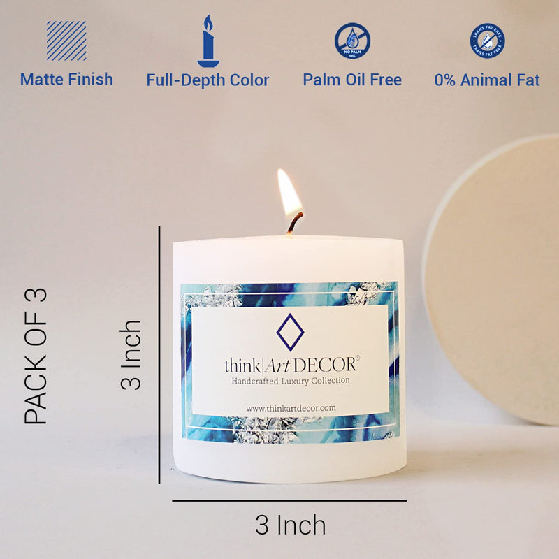 ThinkArtDecor Unscented Pillar Candles Set of 3 | 55 Hrs Each | 3X3 inch Smokeless & Dripless Wax Candles for Home Decor | White