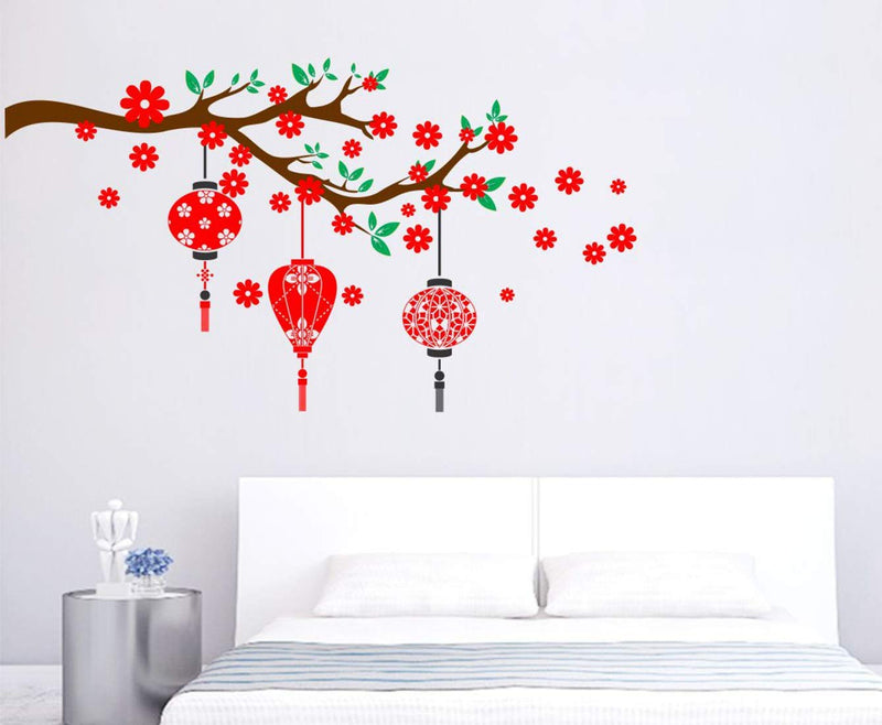 Red Flower with Lantern Self Adhesive VinylWaterproof Decorative Wall Stickers for Hall, Bedroom, Kitchen and Furniture