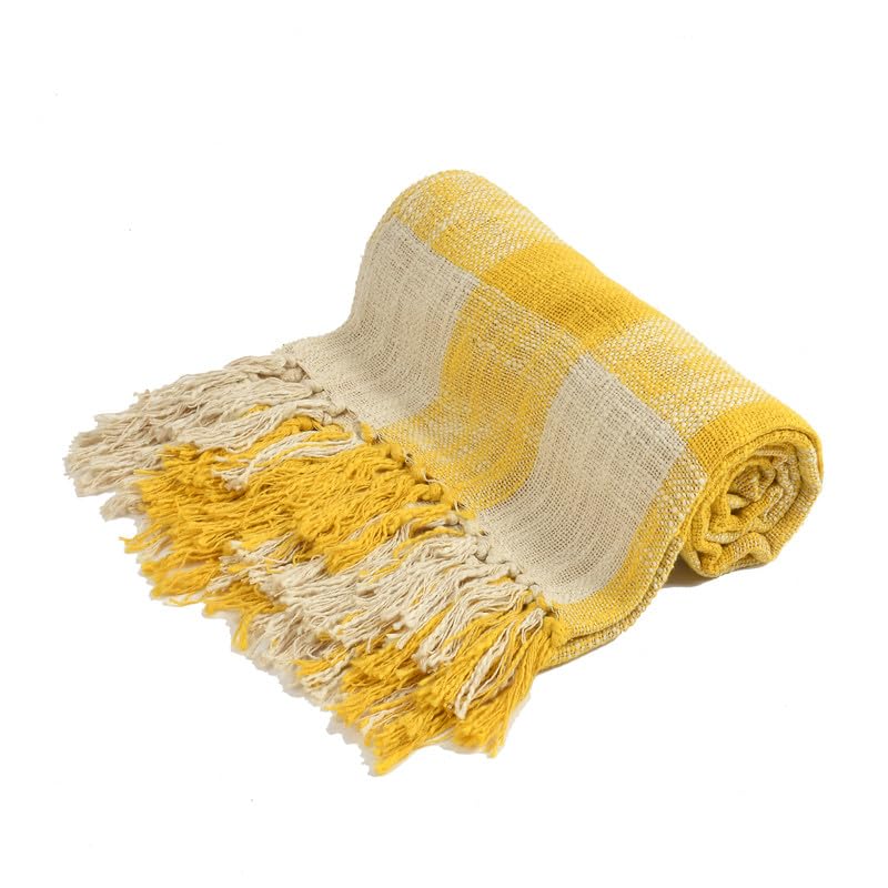 Fashion Throw 100% Cotton Handloom Throw Soft Blanket (FT_09) for Winter Warm Comforter/Throw | AC Blanket Sofa Couch Throw/Blanket_(50 x60 inch)_Yellow/White.