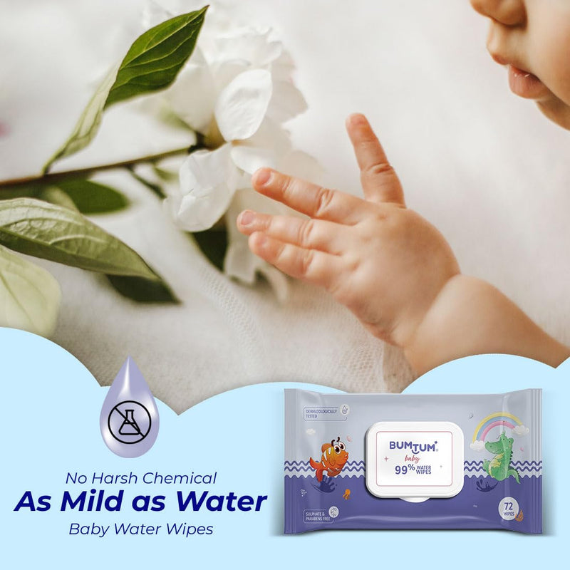 Bumtum Baby Gentle 99% Pure Water Soft Moisturizing Wet Wipes with Lid | Aloe Vera & Chamomile Extracts | Paraben & Sulfate Free (Pack of 4, 72 Pcs. Per Pack)