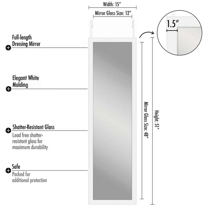 Americanflat Full Length Hanging Door Mirror for Bedroom, Bathroom, Dorm and More, White, 12x48