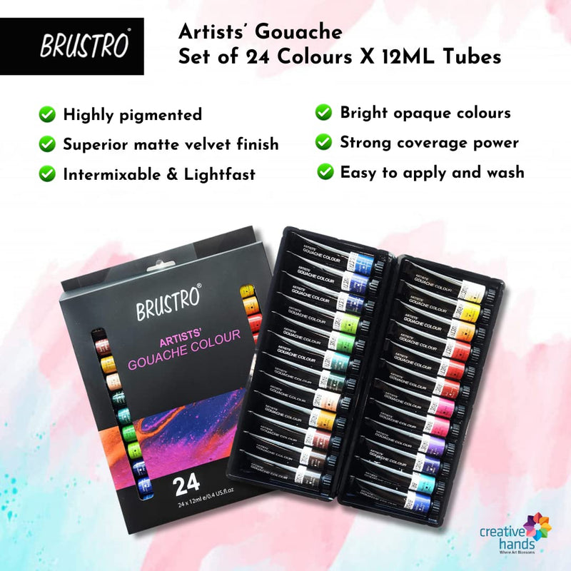 BRUSTRO Artists Gouache Colour Set of 24 Colours X 12ML Tubes