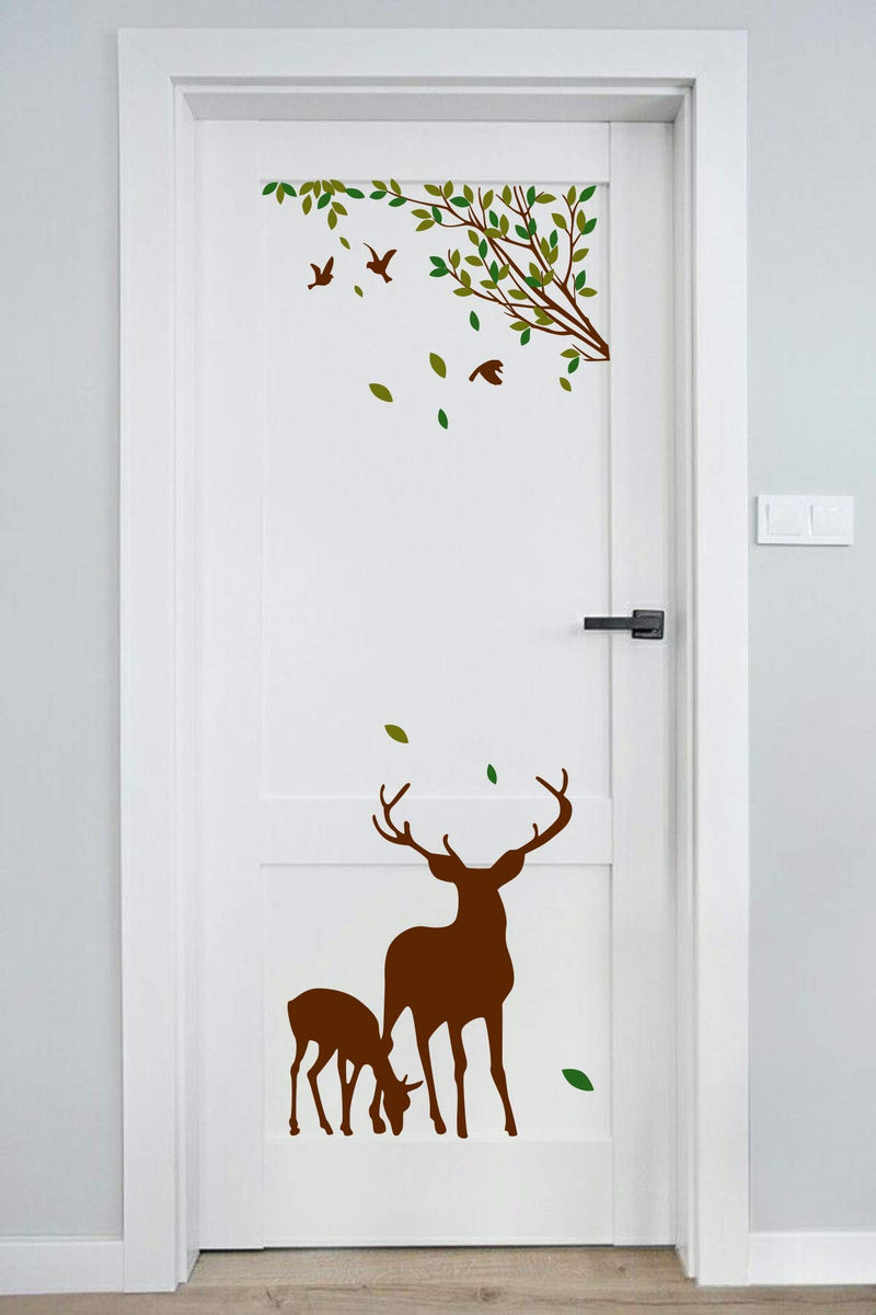 Sticker Studio Tree and Deer Door Sticker & Decal - PVC Vinyl, 58 CM X 48 CM | Removable, Easy to Apply, Waterproof