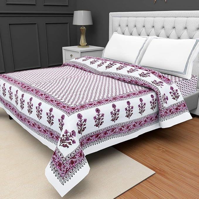 fashhub Traditional Famous Jaipuri Beautiful Floral Print in White Pink Jaipuri Rajai/Razai/Quilt/Double Bed Quilt/Comforter/AC Quilt/AC Comforter