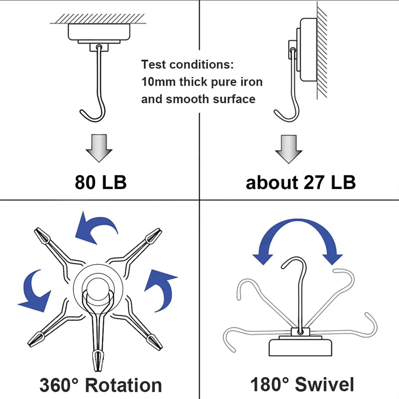 Swivel Swing Magnetic Hook 55LB【 New Upgraded】，Powerful Refrigerator Magnetic Hooks,Strong Neodymium Magnet Hook, Perfect for Refrigerator and Other Magnetic Surfaces - Pack of 10