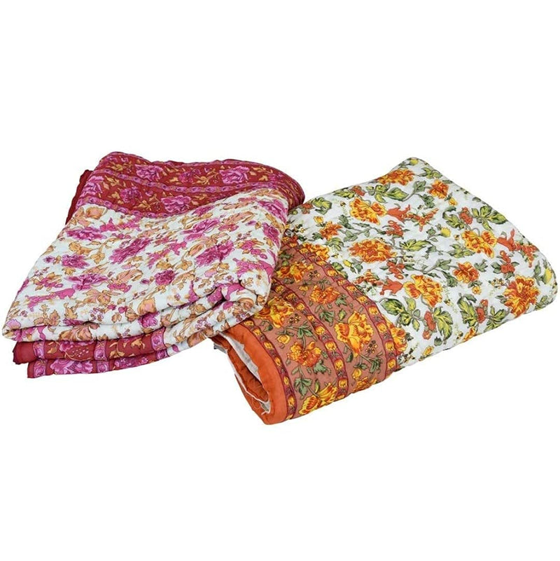 Rajasthani/Jaipuri/Traditional Pure Organic Cotton Quilt Jaipuri Razai Ac Blanket with Floral Design Single Bed Reversible (Both Sided) Jaipuri Rajai, Quilt 60 X 90 Inch,