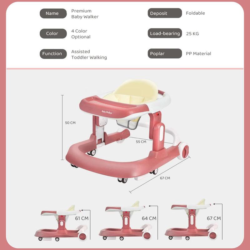 StarAndDaisy Baby Walker/Multifunction/Anti-o Shaped Leg/Anti-Fall/Music Box/Height Adjustment/Baby/Newborn/girl/boy/6-15months *with SEAT Cushion (Pink)