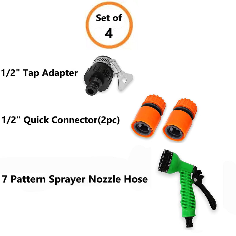 Garbnoire 1/2" Tap Adapter, 1/2" Quick Connector(2pc) & 7 Pattern Sprayer Nozzle Hose Pipe Gardening, Flower, Plants, Bike Wash Equipment| Multi-Uses Cleaning, Showering Pet & Washing Cars -(Set of 4)