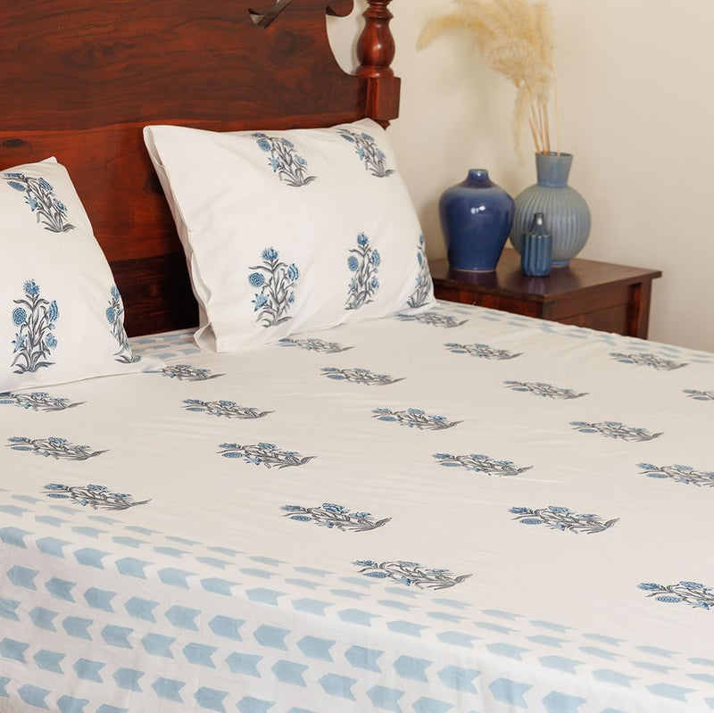 Baarno Aabi Handblock Print Bedsheet with 2 Pillow Covers Percale Cotton | 220 TC | Double bedsheet (90 * 108inches) | Color - White