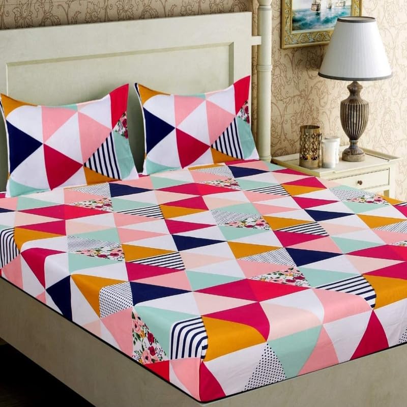 SHIVI CREATION Prime Collection 160TC Supersoft Glace Cotton Elastic Fitted King Size Double Bedsheet with 2 Pillow Covers (Multicolour, Size 72 x 78 Inch) - Coloured Triangles 5 - Gold Fitted