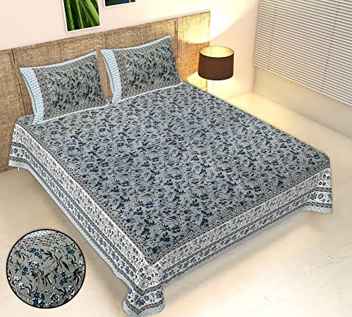 100% Cotton Bedsheet for Double Bed with 2 Matching Pillow Covers | 240 Thread Count 90x108 Inch Flat BedSheet | (Print-6-Bedsheet-Grey)