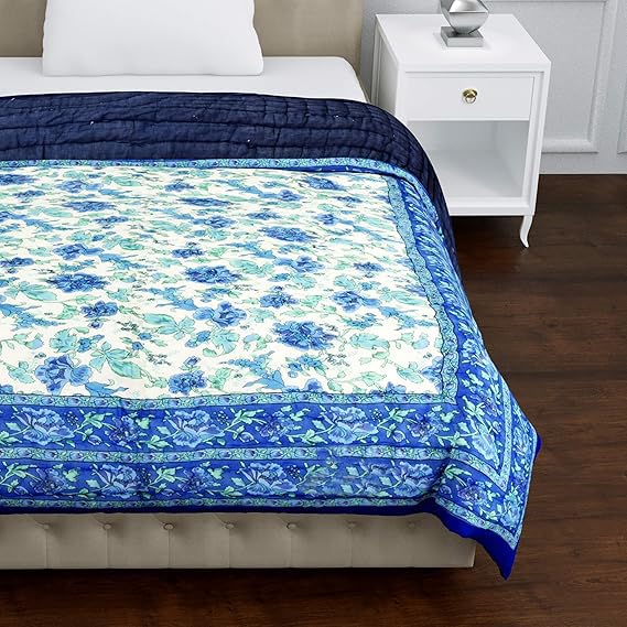 fashhub 240 TC Double Bed Organic Cotton Jaipuri Razai Bed Blanket Ac Quilt for Winter and Summer Soft Light Weight Rajasthani Traditional Rajai Cotton Comforter 85 x 100 inch Blue-Green Flower