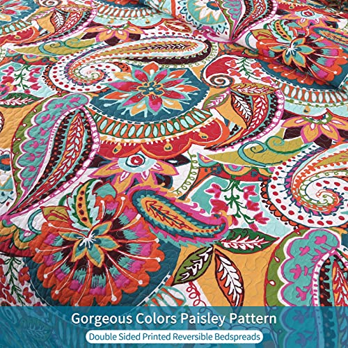 Qucover Queen Quilt Set 3-Piece Reversible Paisley Blossom Pattern Bedspreads Bedding Set, Soft Cotton Summer Quilt with Pillow Shame for All Seasons, 90x98 Inch