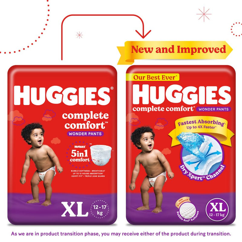 Huggies Complete Comfort Wonder Pants Extra Large (XL) Size (12-17 Kgs) Baby Diaper Pants, 112 count| India's Fastest Absorbing Diaper with upto 4x faster absorption | Unique Dry Xpert Channel