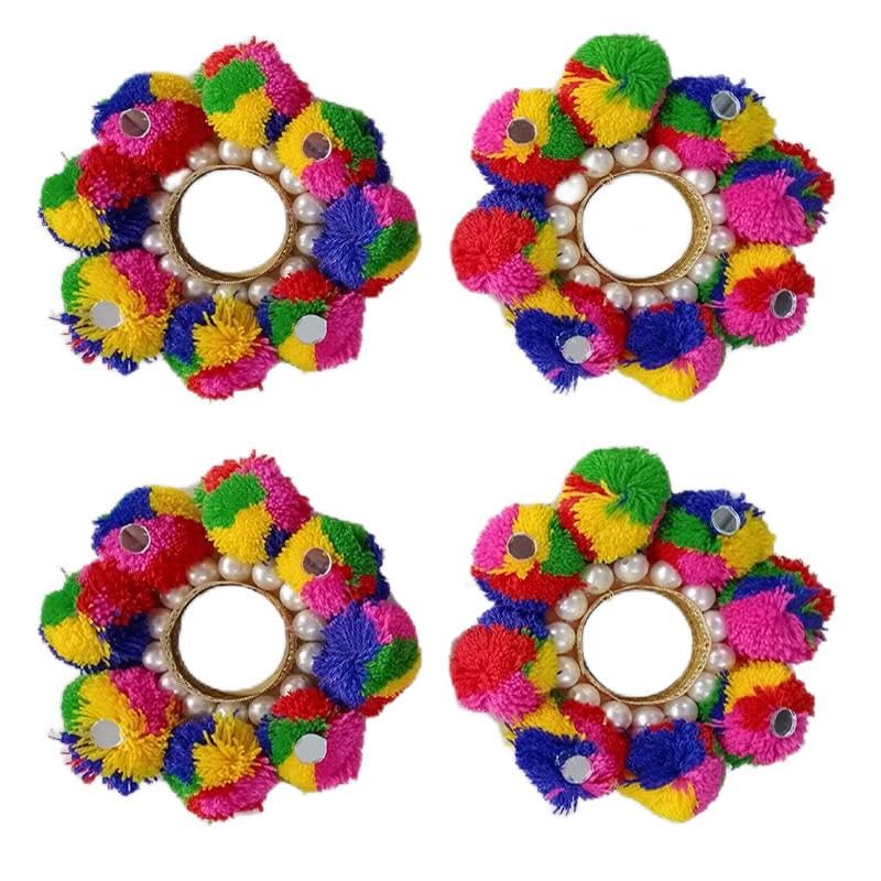 Kesri Gifts Handcrafted Pearls and Pom Poms Decorative Tealight/Diya/Candle Holder/Rangoli Mat/Festive Decor-Set of 2 (Multi Colour)(t22-9-4)