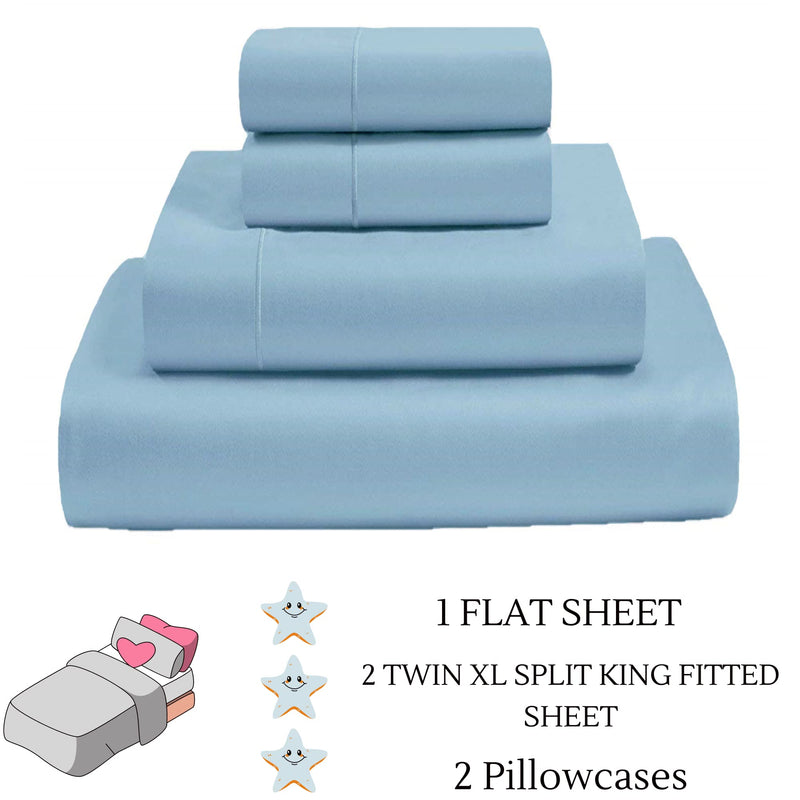 Split King Sheets Sets for Adjustable Bed Cotton-Deep Pockets-5 Pcs -Adjustable Bed Twin XL, Sky Blue 15-18 Inch Deep