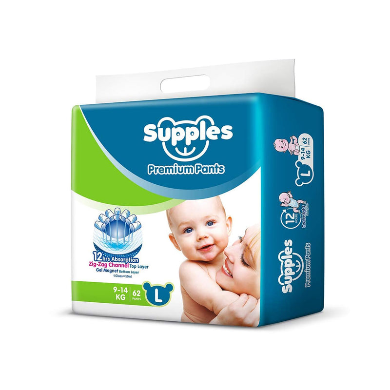 Supples Premium Diapers, Large (L), 62 Count, 9-14 Kg, 12 hrs Absorption Baby Diaper Pants