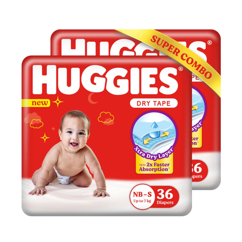 Huggies Complete Comfort Dry Tape, New Born/X-Small (NB/XS), 72 Count, Combo Pack of 2, 36 Count per pack, Baby Tape Diapers with 5 in 1 Comfort