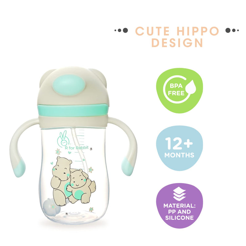 R for Rabbit Premium Hippo Baby Straw Sipper Bottle |10 fl oz | Anti Spill Sippy Cup with Soft Silicone Straw BPA Free & Non Toxic for Baby or Kids of 12 Months -(300 ml Green)