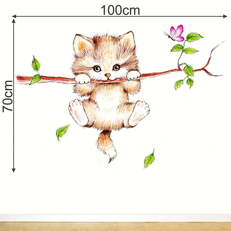 Wallpik - Cute Cat - Hanging - Branch - Cartoon - Butterfly - Nursery - Decoration - Wallsticker - WP216