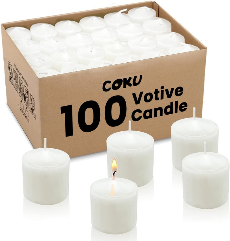 Coku White Votive Candles - Bulk Box Smokeless Unscented Candles - 8 Hour Burn Time - Bulk Candles for Diwali, Home, Weddings, Parties, Spas and Decorations (1.5" x 1.25") (Pack of 100)