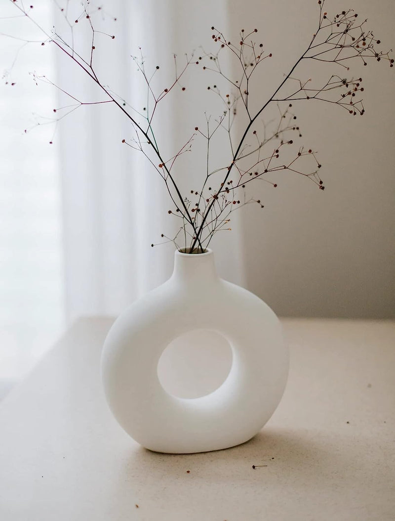 CS3HUB Home Decor Donut Vase | Flower Vase | Pampas Grass Vase | Ceramic Vase | Round Shaped Vase | Home Dcor Centerpiece | Dcor Showpiece - White Matte, 6 Inch Pack 1 (Pampass Grass Not Included)