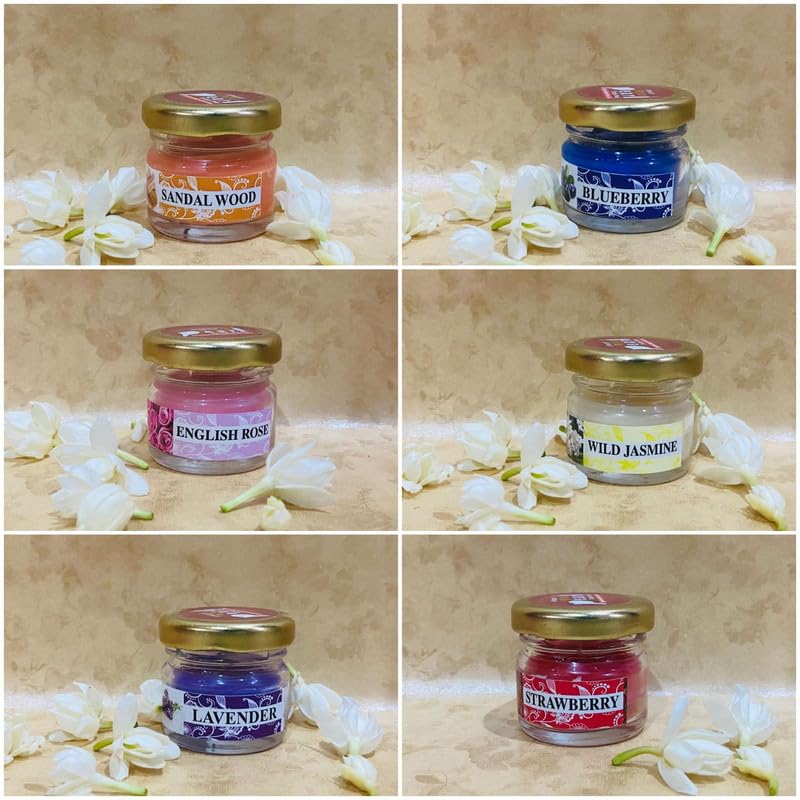 vinko Scented Mini Jar Candles for Home Decor & Gifting (6 Piece) | Blueberry, Sandal Wood, English Rose, Lavender, Wild Jasmine, Strawberry (Pack of 2)