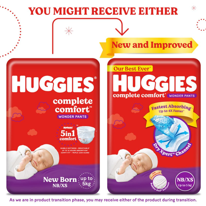 Huggies Complete Comfort Wonder Pants Newborn / Extra Small (Nb/Xs) Size (Up To 5 Kg) Baby Diaper Pants,90 Count,India'S Fastest Absorbing Diaper With Upto 4X Faster Unique Dry Xpert Channel