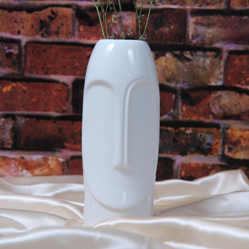 Cheeni Maati 10 Inch Ceramic Abstract Face Vase - Gloss Finish in Timeless White, Perfect for Stunning Floral Arrangements and Unique Home Styling