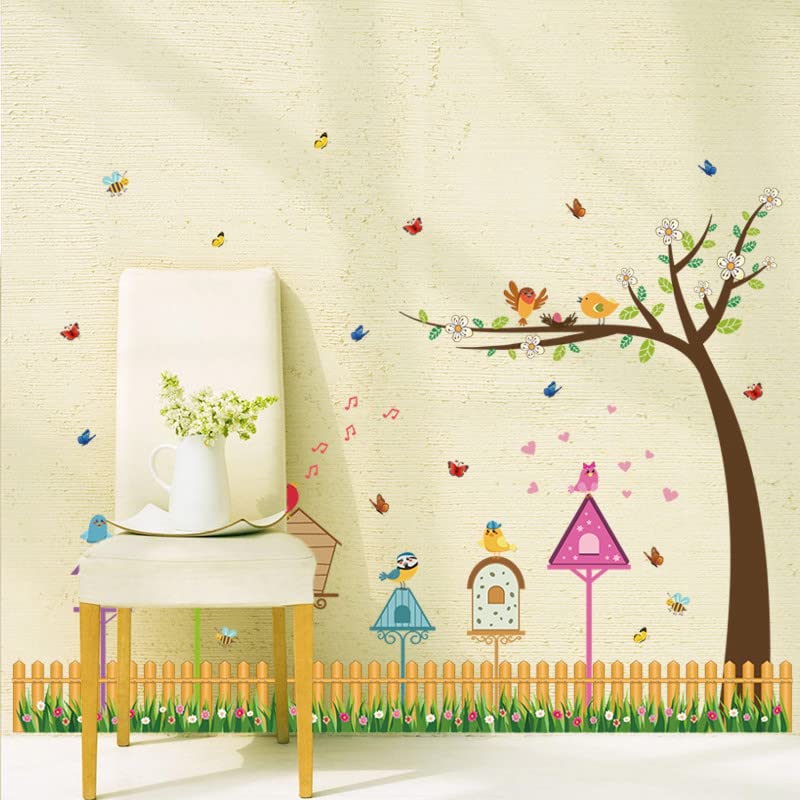 JAAMSO ROYALS Cartoon Bird Nest House Tree Branch Decorative Self Adhesive Peel and Stick Vinyl Kids Room Décor Wall Sticker