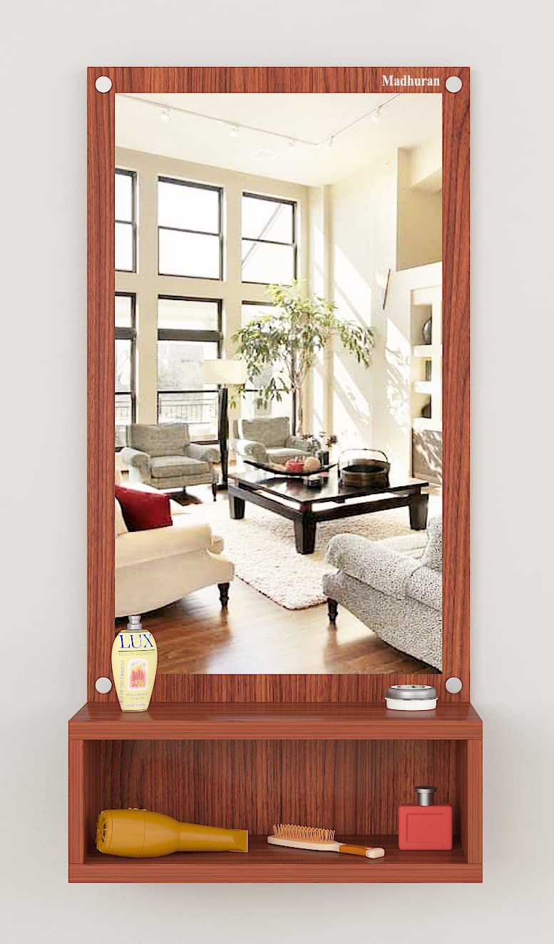Madhuran Engineered Wood Wall Mounted Mirrors with Storage Box Stand (Laminated Teak) / Fancy Rectangular Hanging Home Makeup Items Living Room Office Bedroom Bathroom