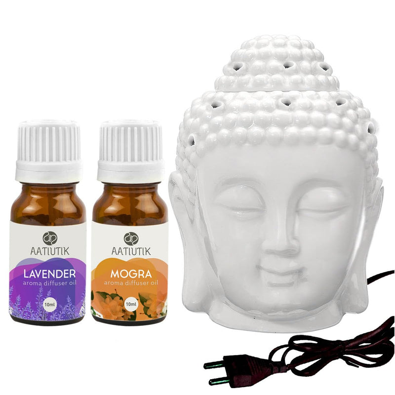 Aatiutik Ceramic Electric Buddha Aroma Diffuser Night Lamp Light with Lavender Mogra Aroma Oil 10ml Each for Home Office Hotel Spa