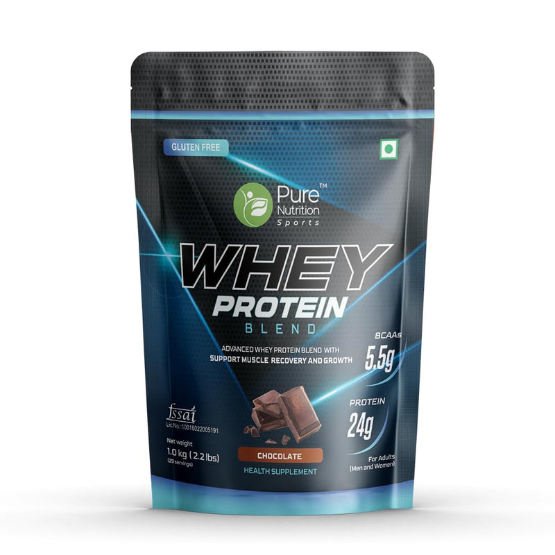 Pure Nutrition Whey Protein Blend (Isolate + Concentrate), 24g Protein, 5.5g BCAA per Serving | Supplement Powder for Men & Women for Muscle Recovery & Growth, Chocolate, 1Kg, 30 Servings