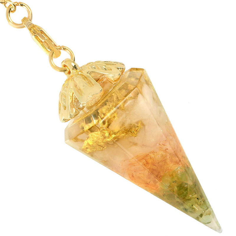 SUNYIK Handmade Chip Stones Orgone Pendulum for Dowsing Reiki, Healing Crystal Point Energy Generator with Chain 9", Rose Quartz&Rock Quartz&Peridot